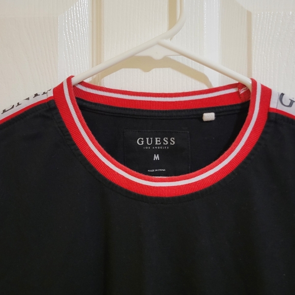 GUESS DENIM Logo Black Tee with Red/White Trim - Picture 2 of 4
